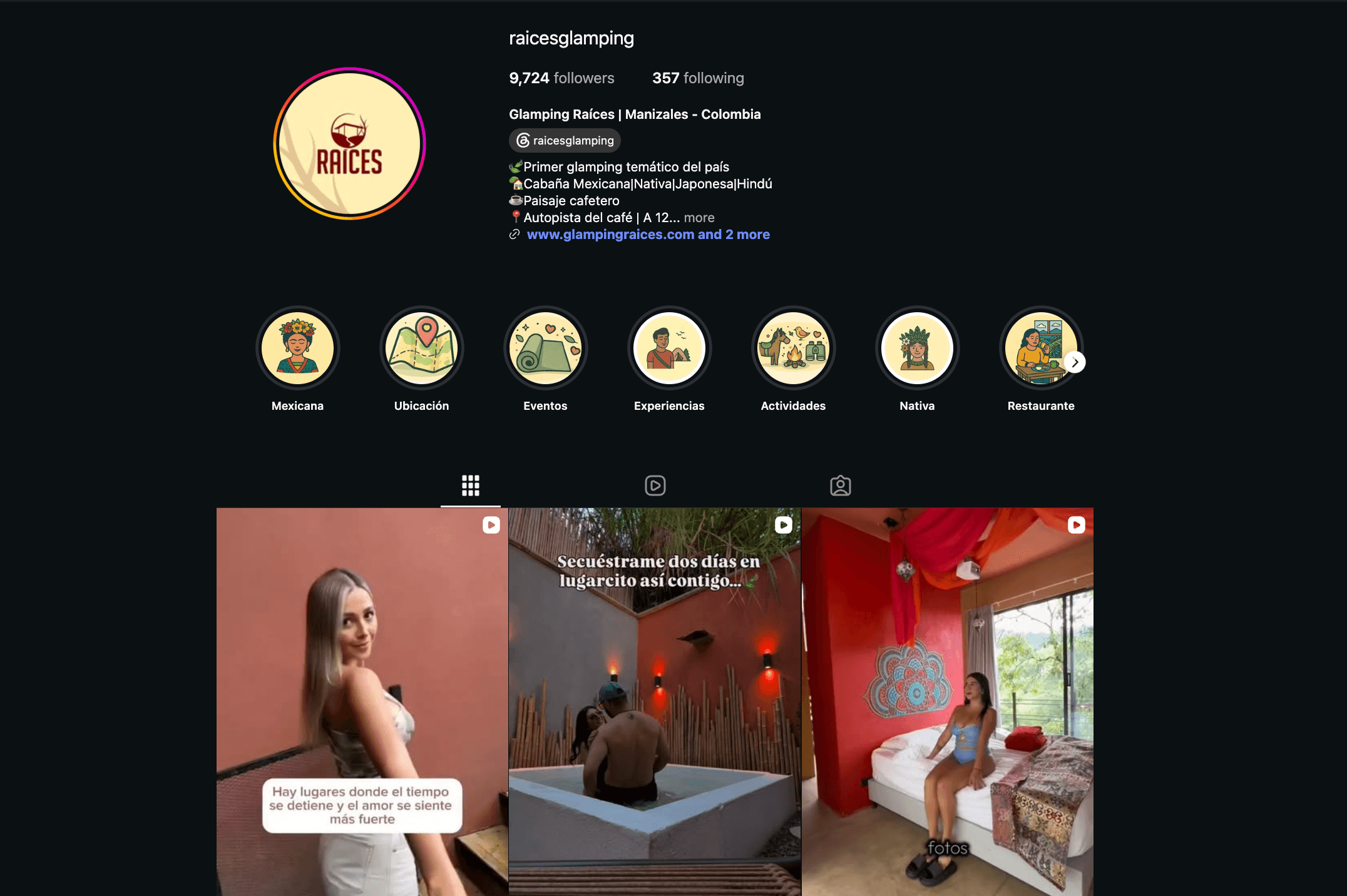 Publicaciones recientes en el feed de Instagram de Raíces Glamping
